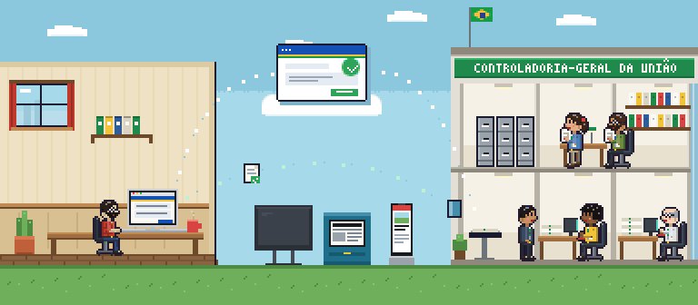 Ilustração animada em pixel art: um jornalista envia pedidos de acesso à informação pela internet à Controladoria-Geral da União; as respostas voltam para ele e viram reportagens na TV, no jornal e no celular.