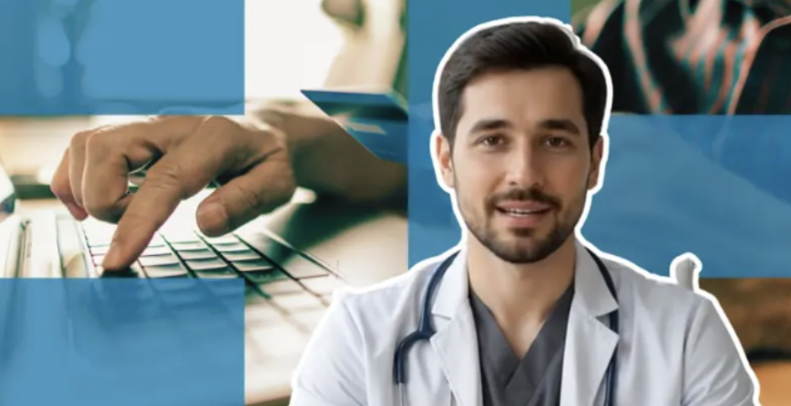 AI-generated doctor illustration showing a doctor beside a computer keyboard