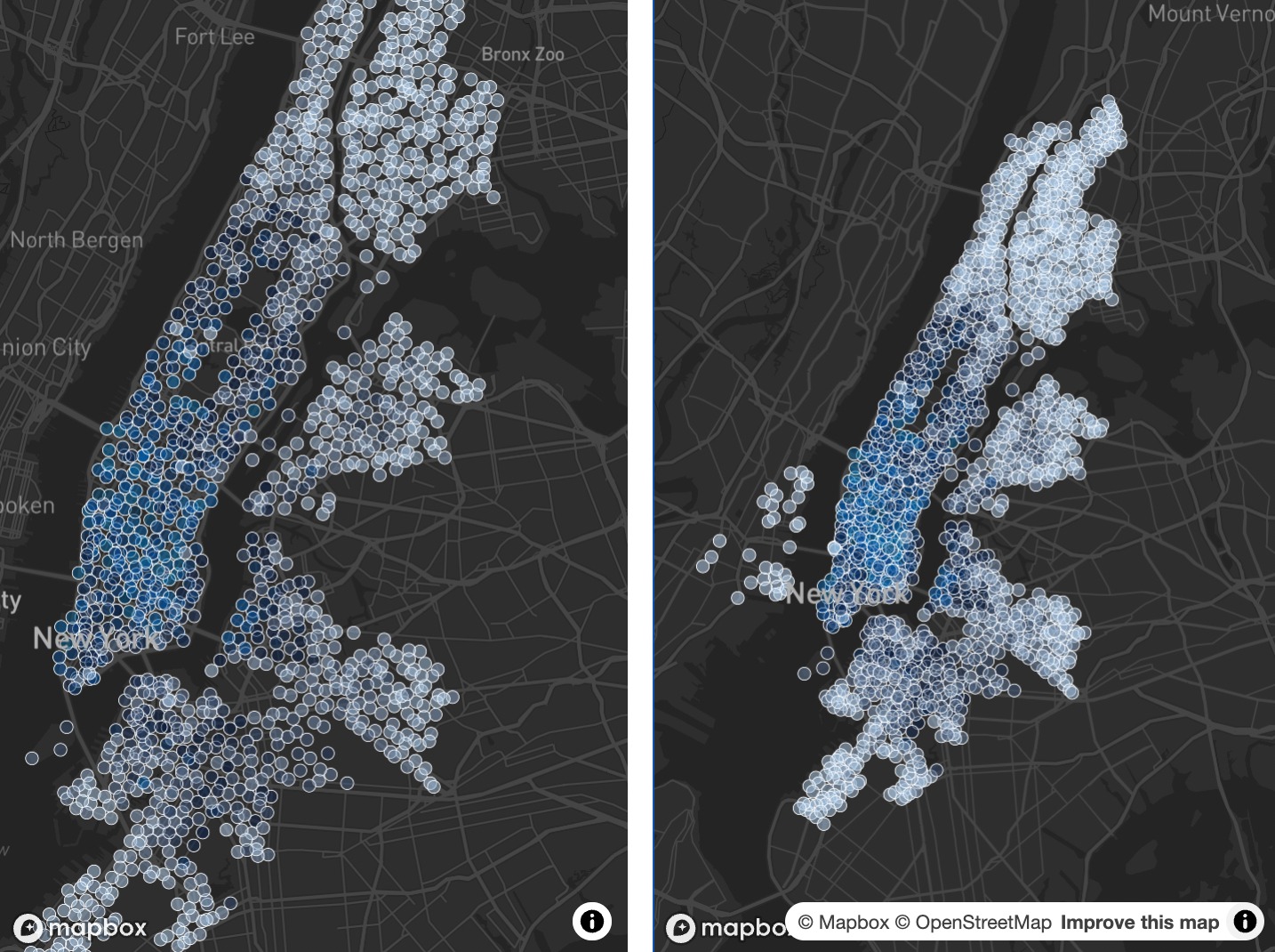 Mapbox with circles containing every trip using citibike program