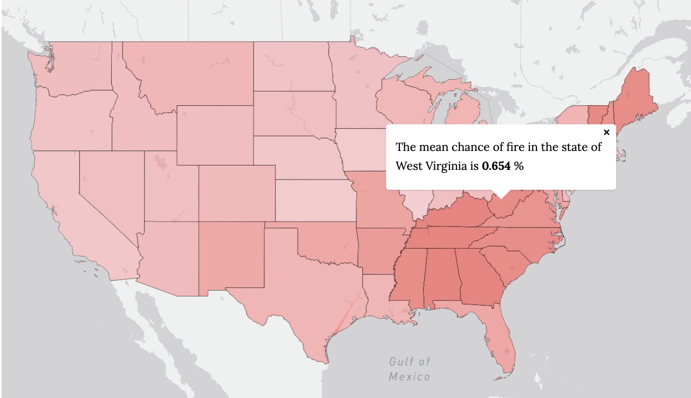 Mapbox choropleth map shows the chance of fire in each US state