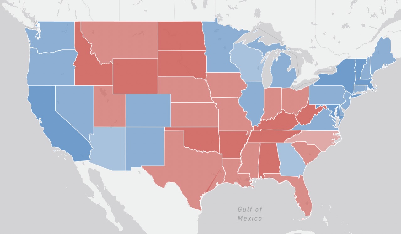 Image of a US map containing the election results in 2020, blue for democrat and red for republican